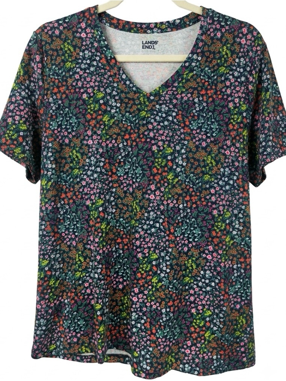 Lands' End Floral V-Neck Short Sleeve Cotton T-Shirt L 14-16